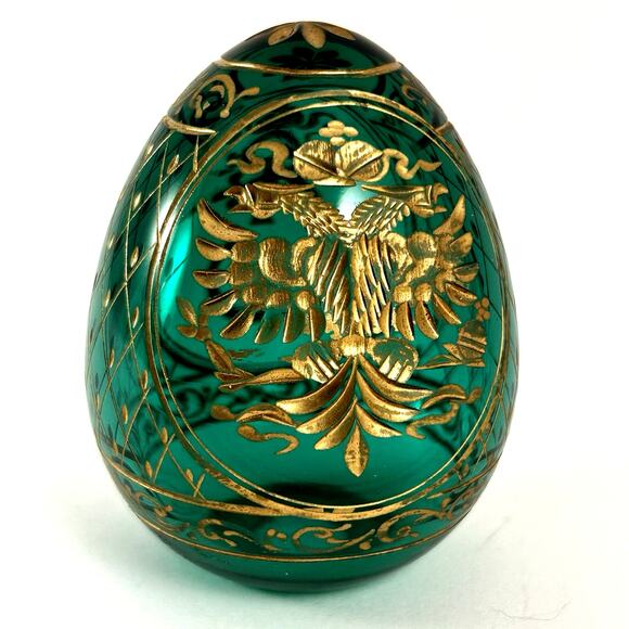 Russian Imperial Glass Egg Green 24K Style Gold Gilt St. Petersburg Faberge - Picture 1 of 8
